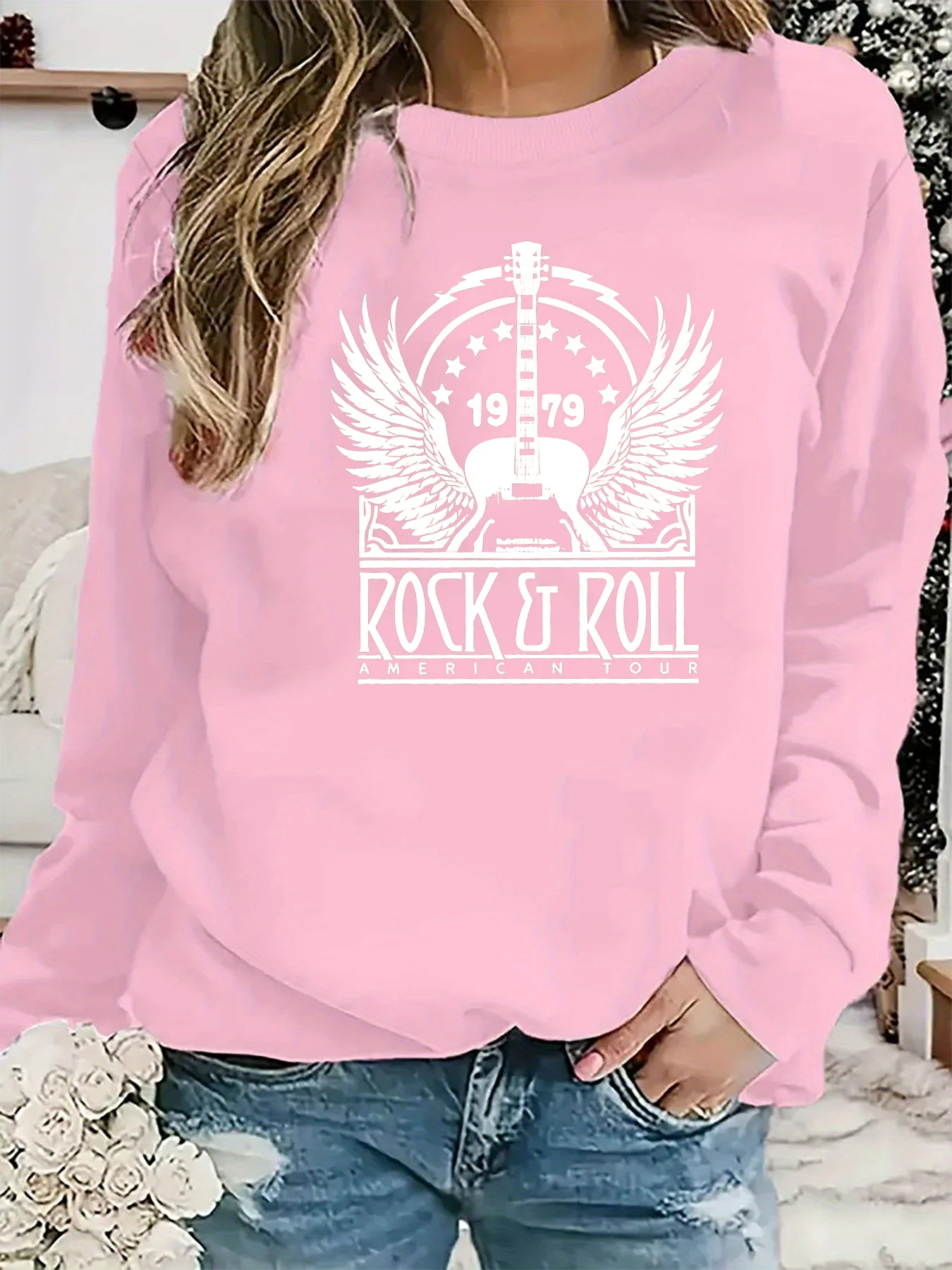 Jersey informal holgado y cómodo con estampado de ROCK ROLL para mujer, jersey de manga larga con cuello redondo, otoño e invierno