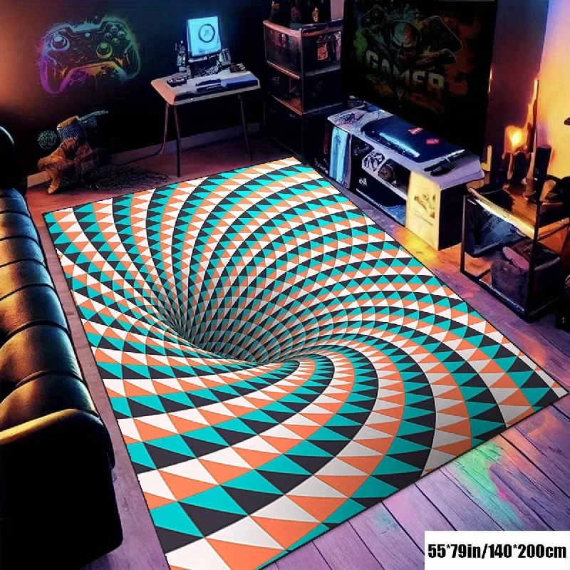 Alfombra Vortex de ilusión óptica, arte geométrico doblado mental para salas de juegos, alfombra Trippy, alfombra antideslizante, se puede lavar a máquina