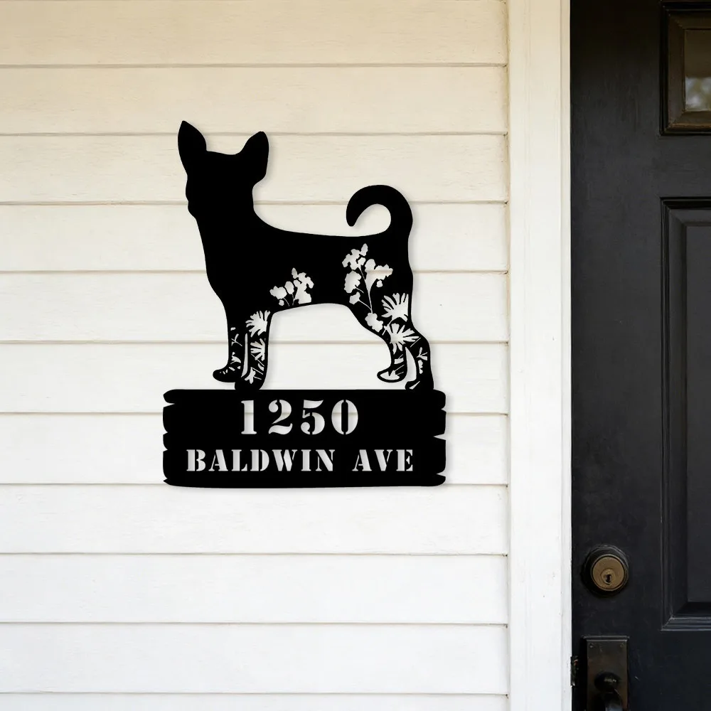 Custom Dog Metal Plaque With Floral Print, Personalized Family Address Sign Waterproof Durable Front Entry Wall Decor Gift