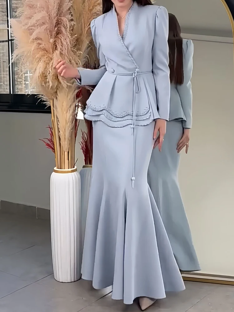 Women's Casual Party Outfit Fashion O-neck Long Sleeved Lace Up Coat 2 Piece Set Autumn New Office High Waisted Hafl Skirt Suit