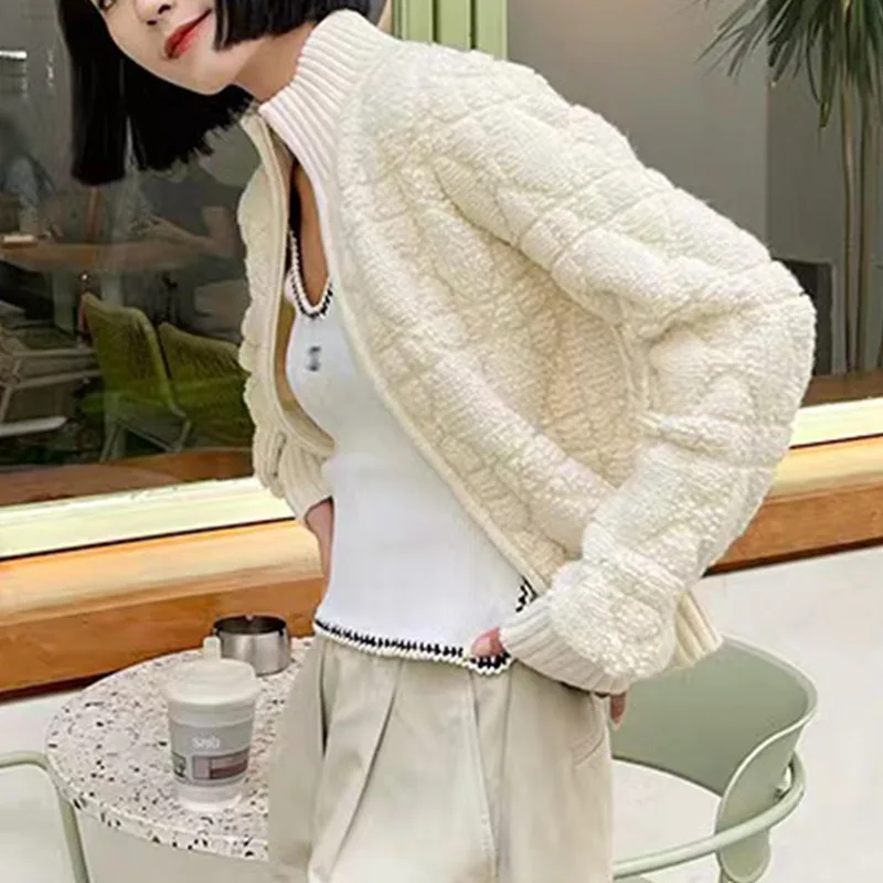 [EWQ] Half High Collar Long Sleeve Knit Cardigan Simple Women Winter Short Zipper Apricot Sweater Coat Winter 2024 Autumn 6O2347