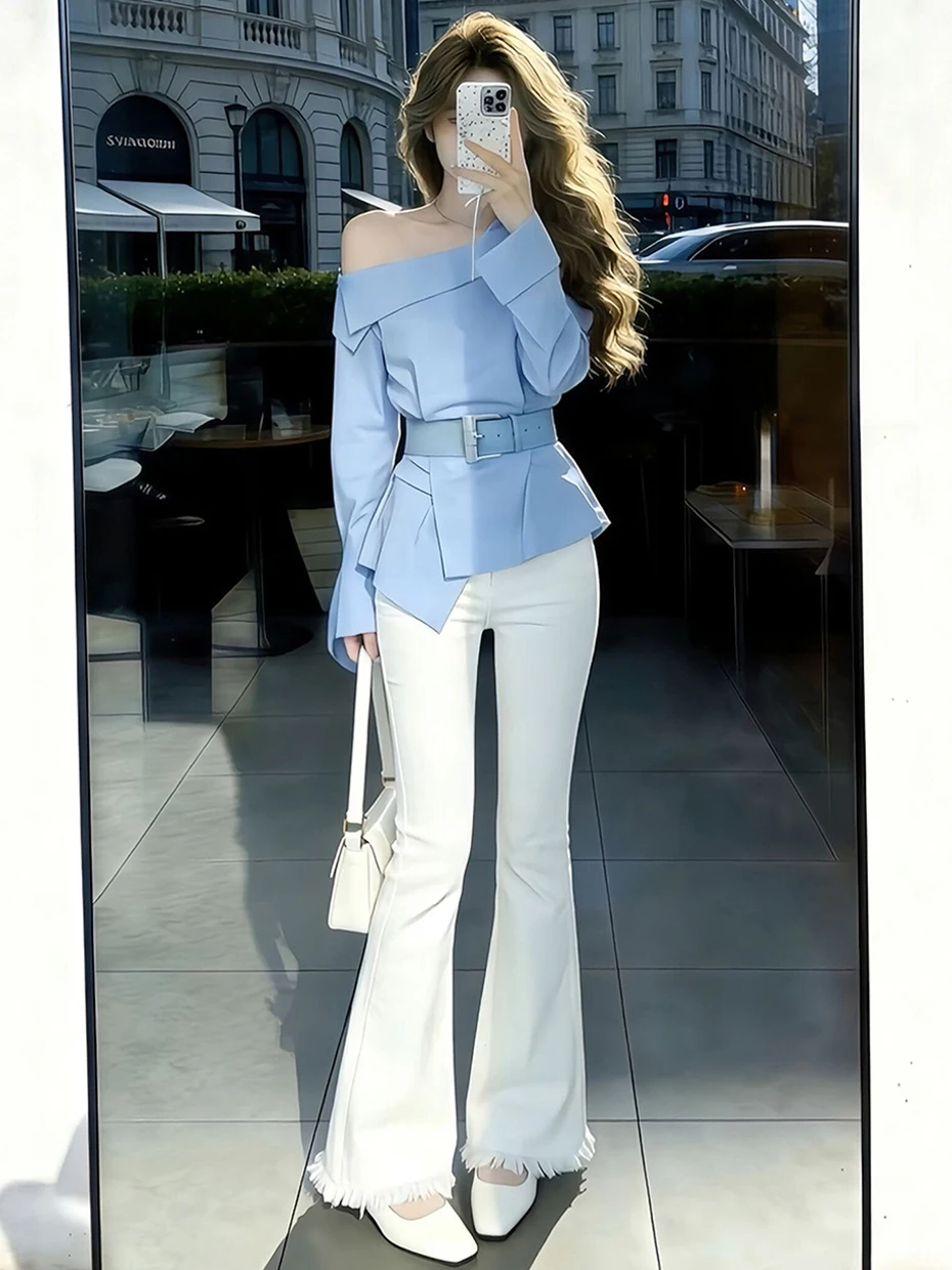 

Светло-голубая асимметричная женская блузка с длинным рукавом, новинка 2026 года, весенний стиль для офиса, уникальный красивый топ, модный дизайн