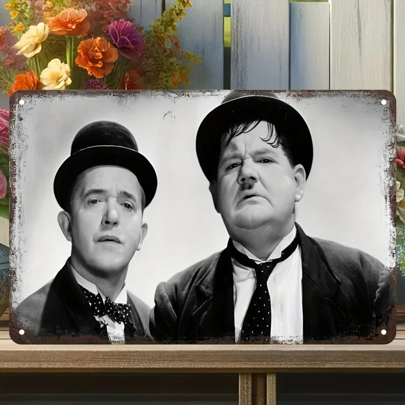 Retro Metal Logo Poster, , Laurel and Hardy Comedians, Made of Metal, for Home Bedrooms, Bars, Cafes, Decor,