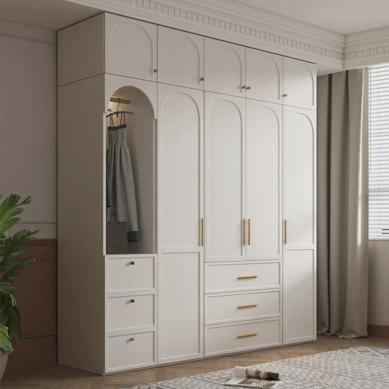 

French cream style solid wood wardrobe household bedroom simple economical desk integrated combination small apartment
