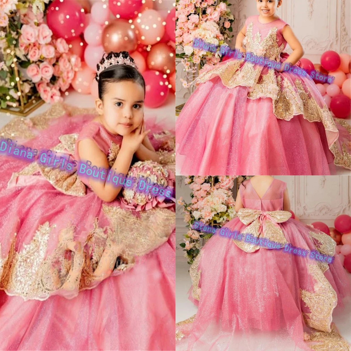 Gorgeous Pink Tulle Fluffy Flower Girl Dress Luxury Gold Appliques Wedding Kids Birthday Party Evening Dresses Customised Gowns
