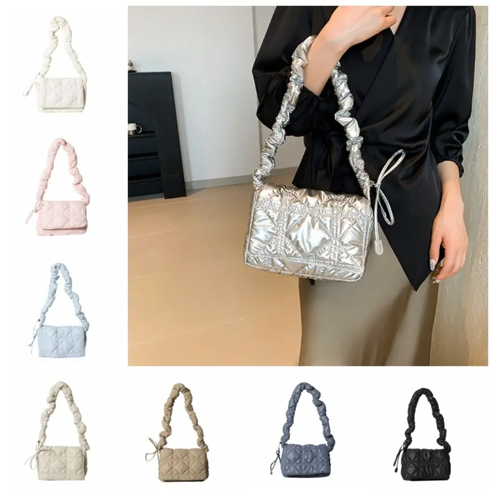 

Simple Korean Style Space Cotton Shoulder Bag Pleated Strap Banquet Rhombus Plaid Handbag Bright PU Plaid Bubble Cloud Bag Lady