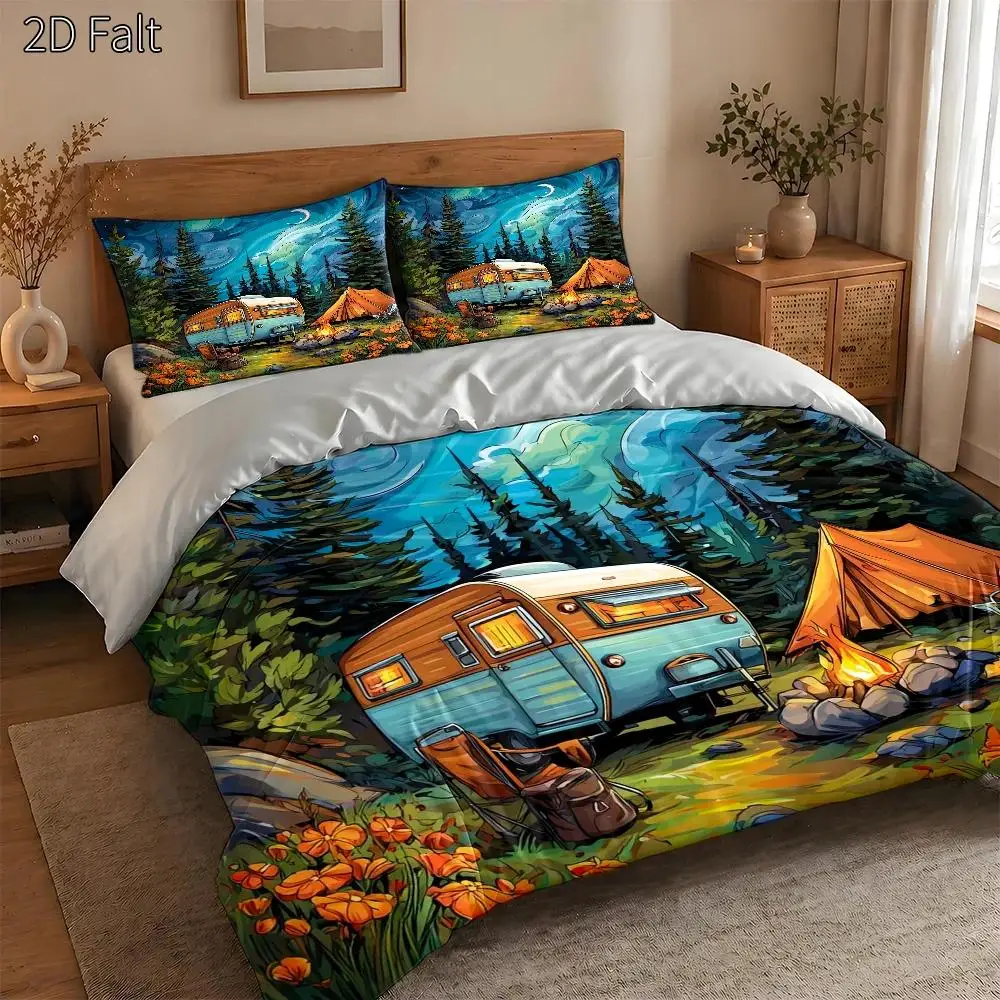 3-Piece Quilt Cover Set, 1 Quilt Cover + 2 Pillowcases (Without Filling), Zippered Quilt Cover Set, Starry Sky Camping Rv and Tent Theme, Suitable for All Seasons, Machine Washable, Invisible Zipper, 3-Piece Bedding Set