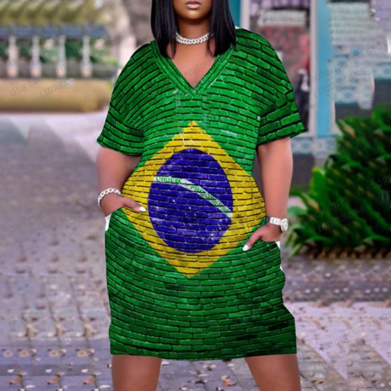 Brazil Flag Dress Women Fashion Midi Dresses Party Evening Short Sleeve Brasil Flag Dress Beach Bohemian Elegant Loose Sundress