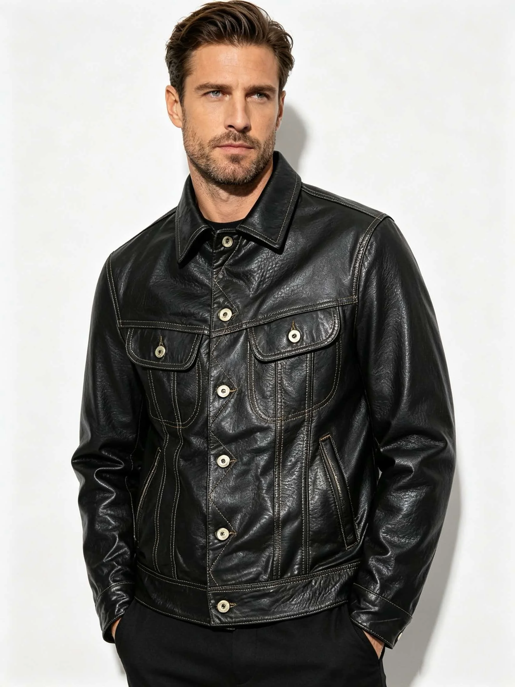 Men's Genuine Goatskin Leather Trucker Jacket Black Type III Style Button Front Contrast Stitching Western Denim Cut Work Coat
