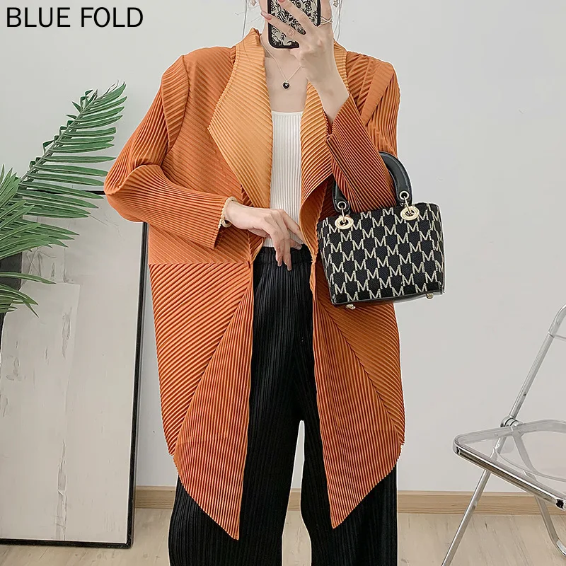 MIYAKE PLEATS Thick Material Large Toothpick Pleated Lapel Solid Color Pleated Cardigan Coat Elegant Temperament Coat Women