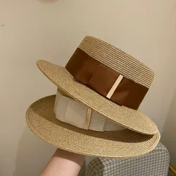 Flat-top French women's straw hat Fashion Korean version Sunscreen beach outing hat British top hat for men and women