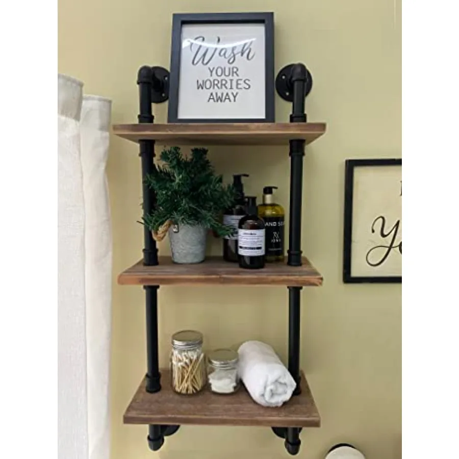 

Industrial pipe shelving for bathroom and living room: solid wood floating shelves in black 15-inch 3-tier wall-mounted ladder