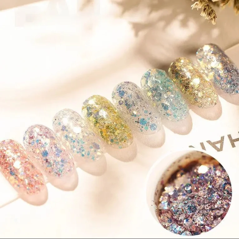 8 ألوان مسمار الفن بريق الترتر مسحوق الصباغ مسمار الفن الديكور لامعة أوبال رقائق أورورا الثلاثية الأبعاد مسحوق