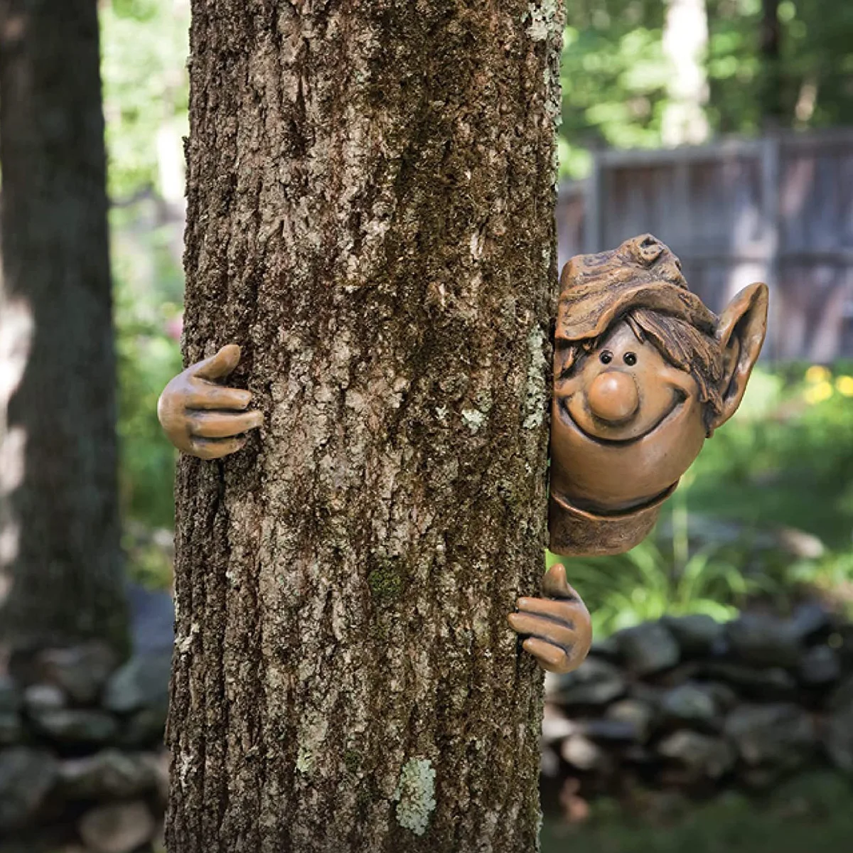 Hide & Seek Tree Elf Sculpture - Resin Garden Decor, Whimsical Tree Hugging Ornament, Outdoor Magic Decor