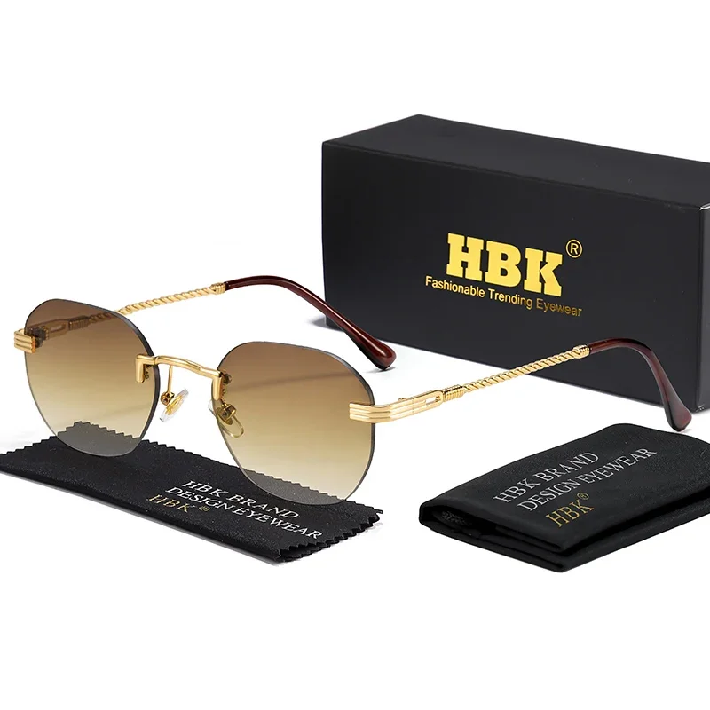 HBK Fashion Rimless Men's Sunglasses Brand Design Round Metal Frames Women's Party Travel Boundless Versatile Sun Glasses Uv400