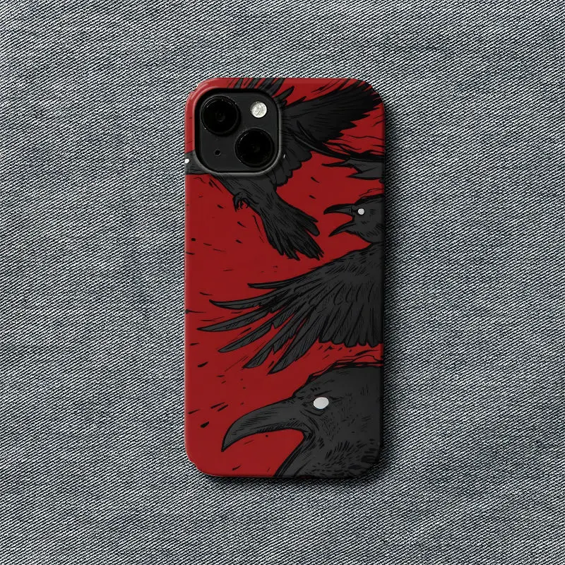 Creative INS Red Background Black Raven Phone Case for iPhone 16 15 14 13 12 11 Pro Max XS XR XSMax 6 7 8 Plus Glossy HD Cover