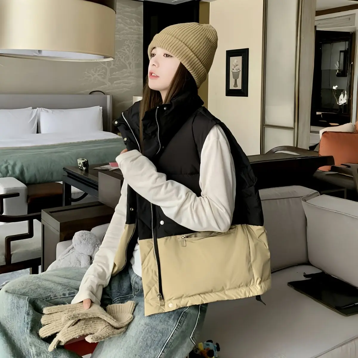 

2025 New Women's Autumn Winter Patchwork Sleeveless Parkas Jacket Mandarin Collar Cotton Padded Vest Korean Style Waistcoat