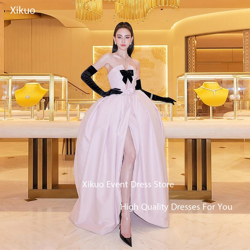 Xikuo-vestidos de noche elegantes de satén rosa, bata con abertura lateral alta, vestido de cóctel sin tirantes con lazo para mujer, vestido para fiesta de graduación personalizado