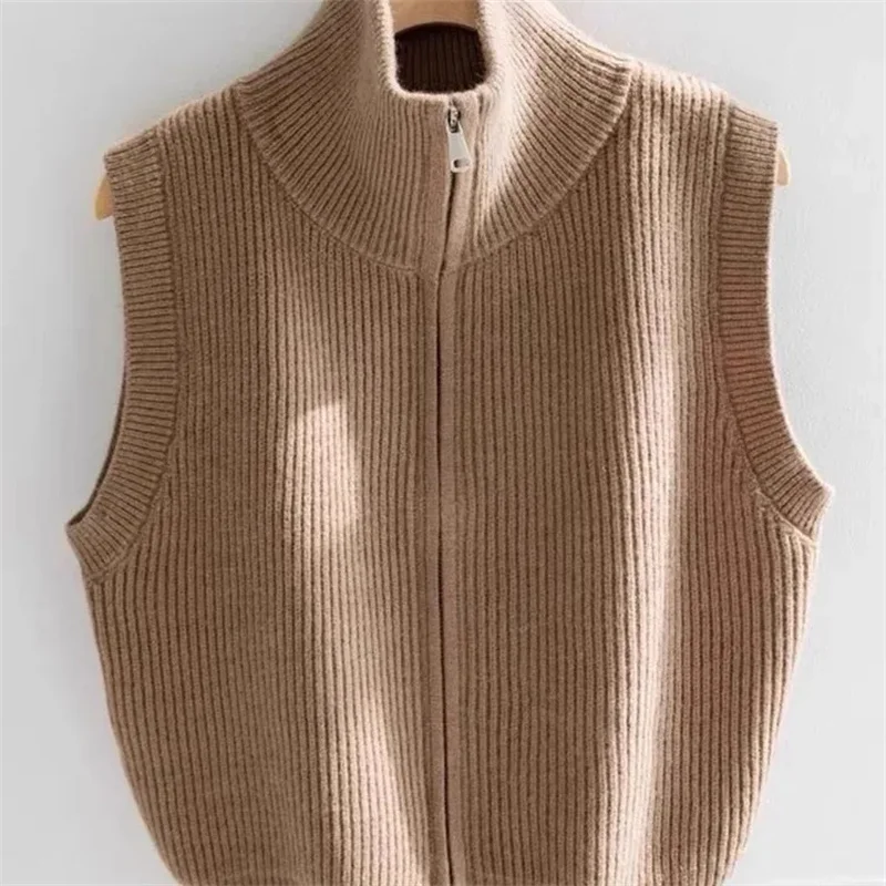 สุภาพสตรี Double Zipper ถักเสื้อกั๊กหญิงสีทึบเสื้อกั๊กเสื้อฤดูใบไม้ผลิฤดูใบไม้ร่วงผู้หญิงเสื้อคอปกสูงเสื้อแขนกุด