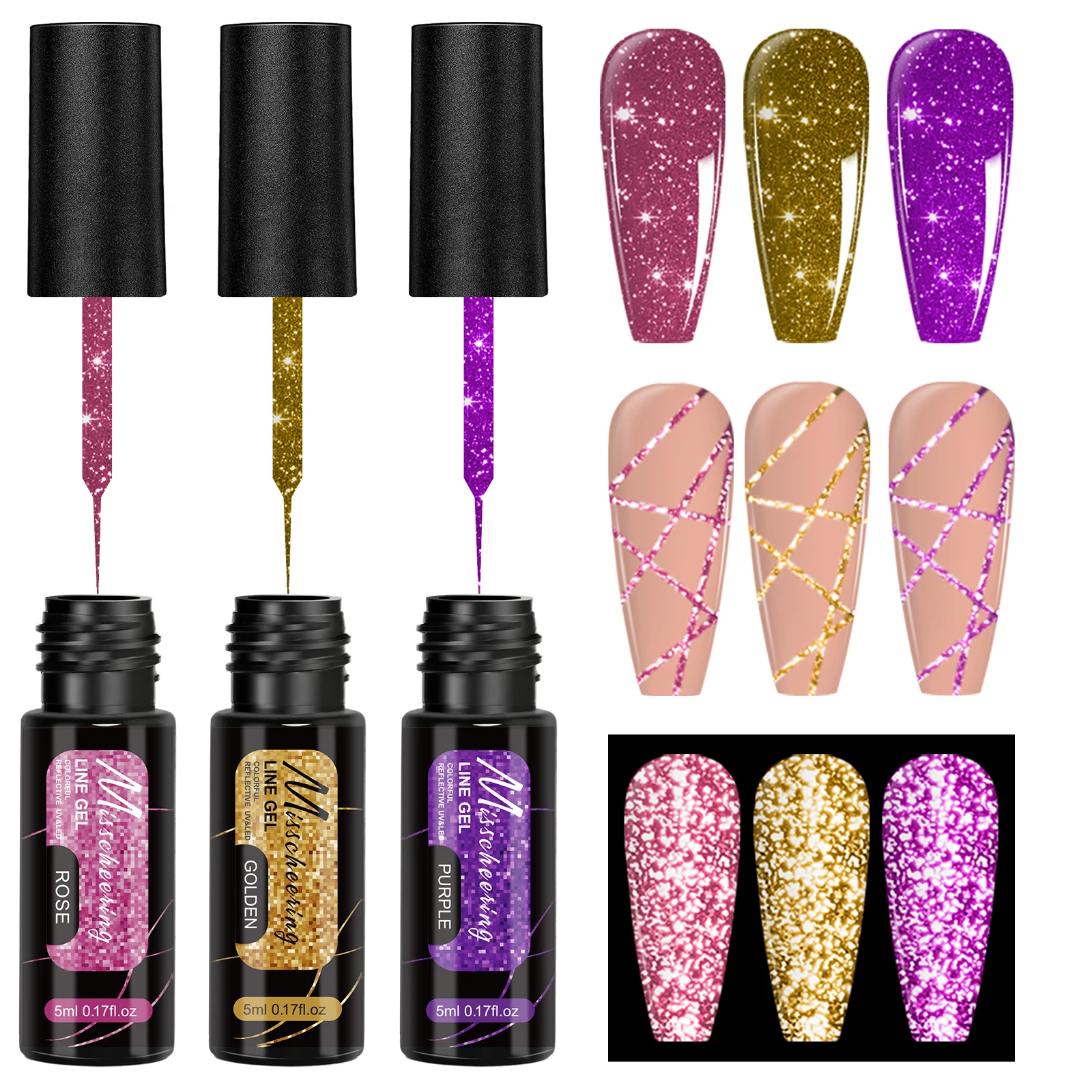 3pcs Fluorescent Line Gel Nail Polish Super Shiny Glitter Ultra Thin Line Painting Nail Art Graffiti Stripe Nail Art Gel Varnish