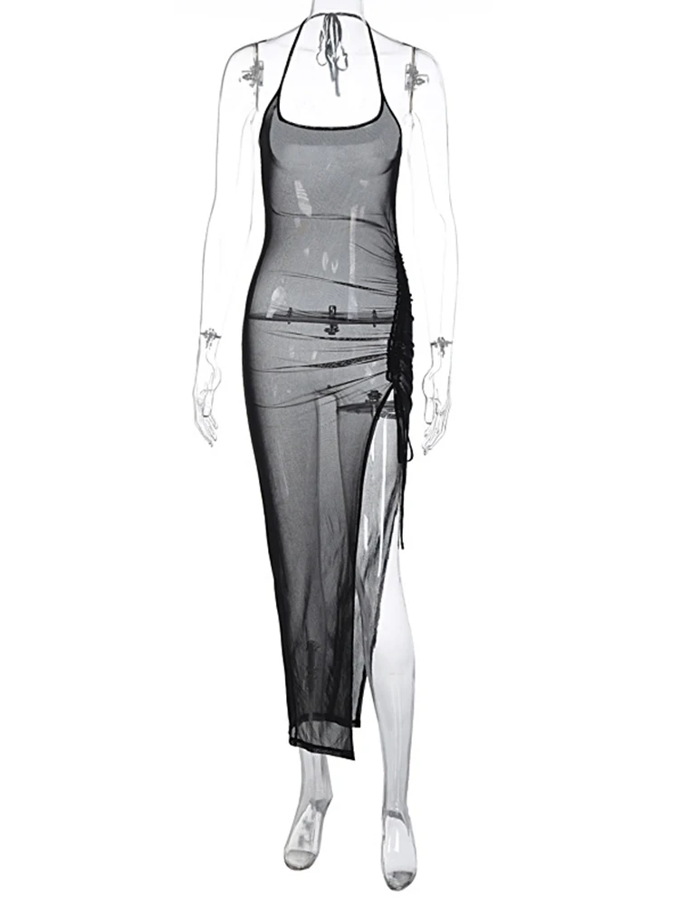 섹시한 메쉬 드레스 스트랩을 통해 볼 등이없는 높은 분할 Drawstring 여름 드레스 여성 비치 커버 가운 블랙 Boho 스타일 2025