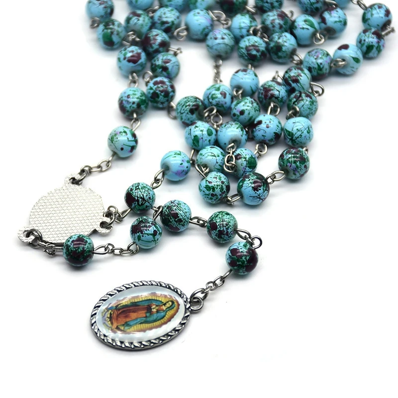 Guadalupe Pendant Rosary Necklace Glass Beads Strand Religious Jewelry For Men Women