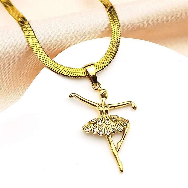 الباليه فتاة الفن سلسلة عنق للنساء الرجال الفولاذ المقاوم للصدأ الذهب اللون حجر الراين الرقص موضة الإناث قلادة المختنق مجوهرات