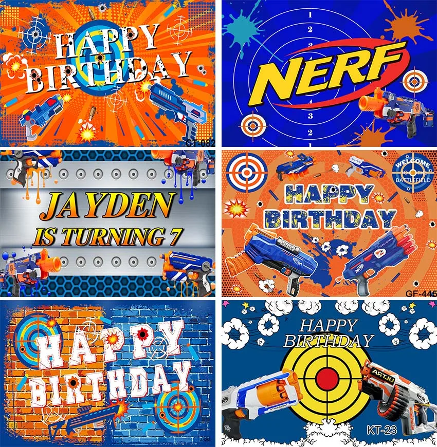 

Nerf Gun Photography Backgrounds Boys Birthday Photo Backdrops Cartoon Decor Banners Poster Photo Booth Props