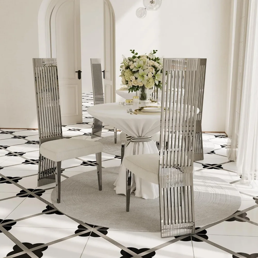 Modern Upholstered High Back Dining Chairs Set of 2, White and Silver, Stainless Steel Legs, Contemporary Style