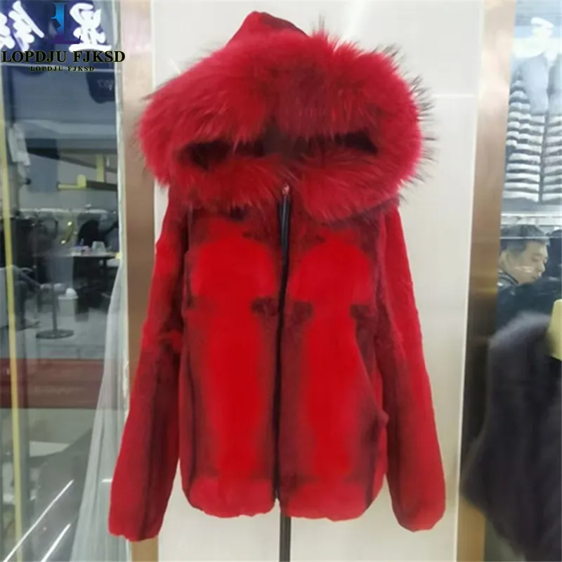 Real Rabbit Fur Jacket with Raccoon Fur Collar Fashionable Hooded Coat for Women Winter Warm Outerwear