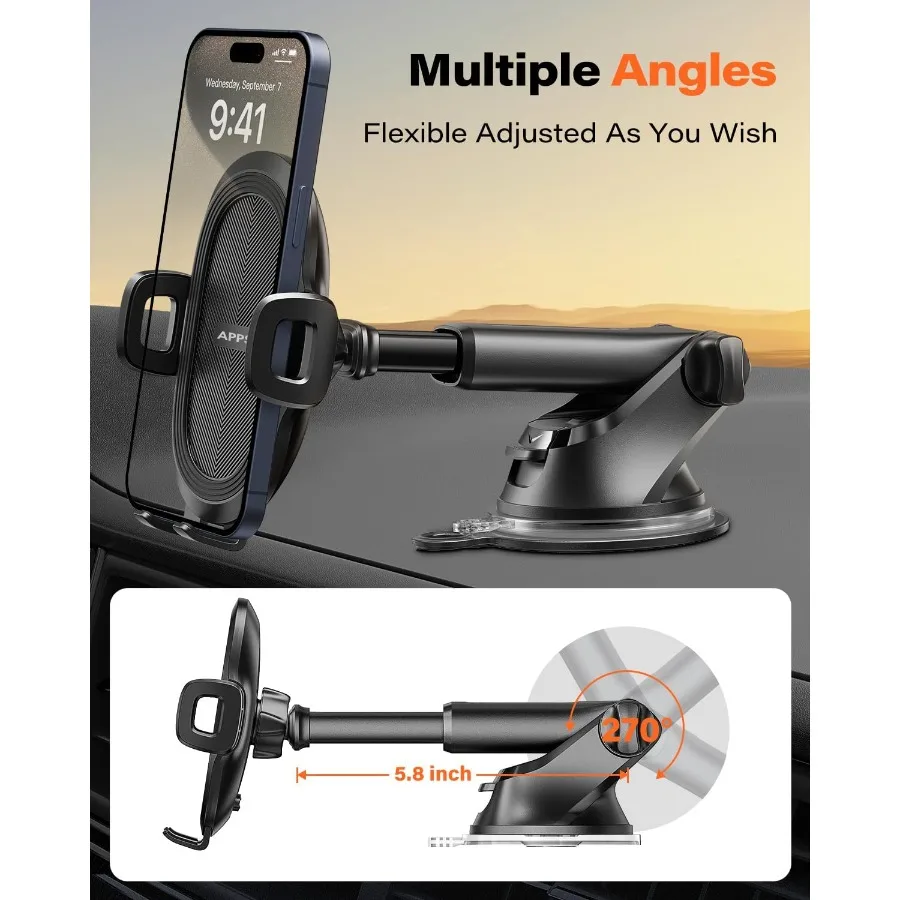 吸盤と粘着ゲルパッド付きユニバーサル車載スマホホルダー、フロントガラス、ダッシュボード、または窓に取り付け可能、あらゆるスマートフォンを安全に固定