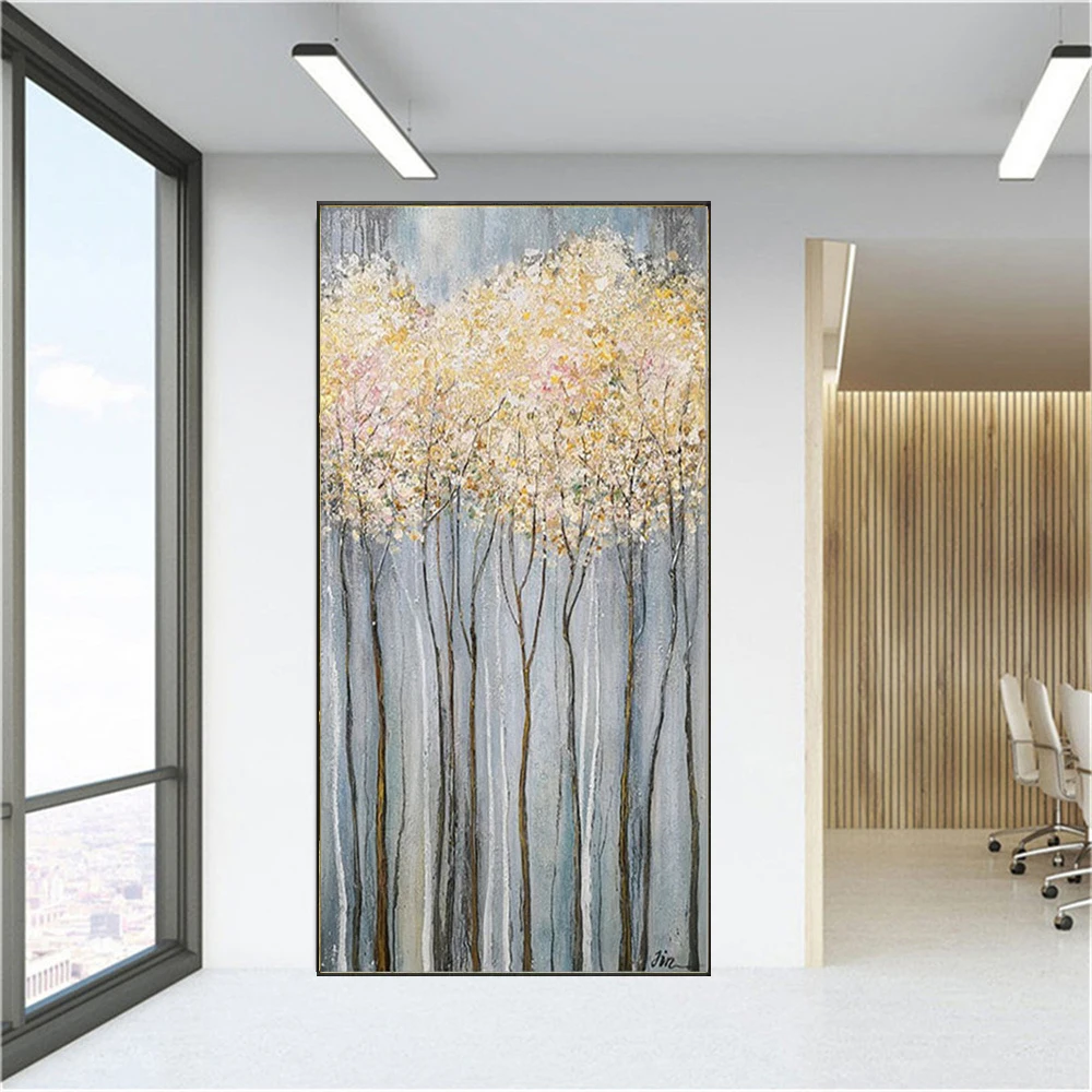 

100% Hand-Painted Blue Gold Oil Painting Retro Abstract Landscape Wall Art Picture Pendant Tree Canvas Poster Decor Living Room