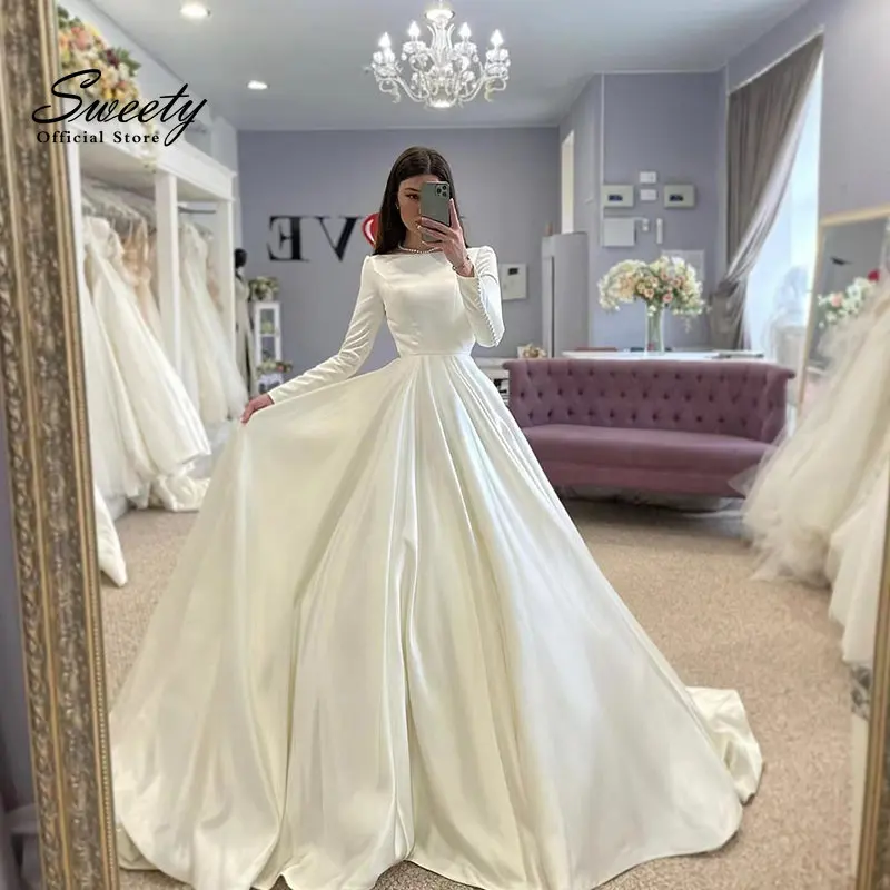 

Graceful High-Neck Wedding Dress Satin With A-Line Ball Gown O-Neck Full Sleeve Bride Dress Customized Button Vestido De Novia