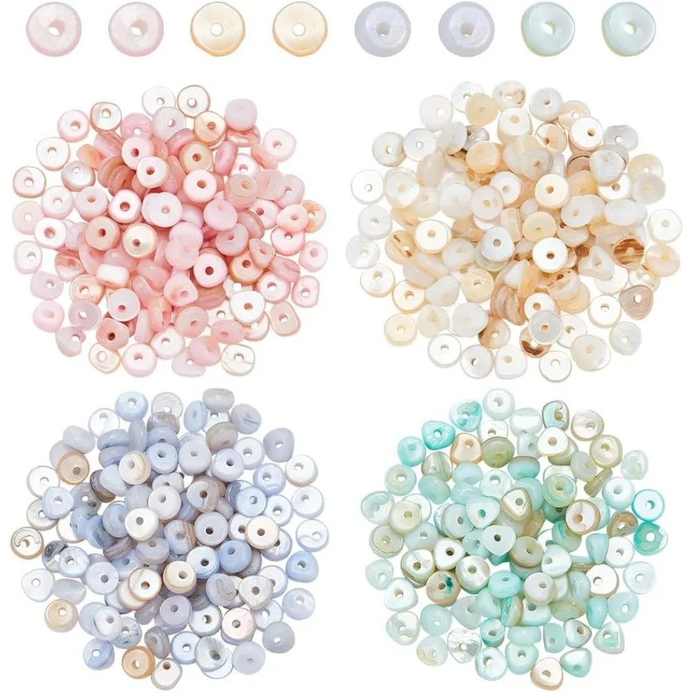 4 Colors About 400-460 Pcs Natural Shell Beads Flat Round/Disc Loose Sea Shell Beads Puka Shells Beads for DIY Bracelet