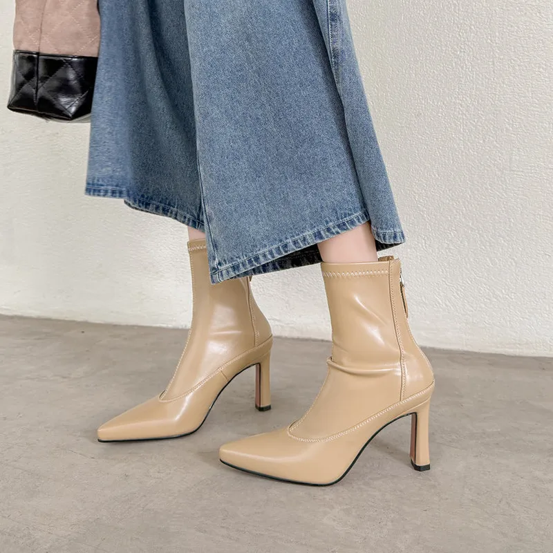 Women Pointed Toe Stretch Elastic Ankle Boots 8cm Stiletto Heel Side Zipper Cow Lining Pigskin Insole TPR Sole Elegant FashioF56