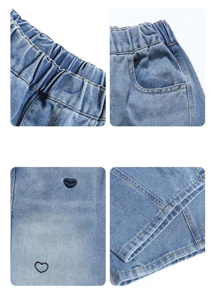 Stilvolle neue Frühlings-Kinder-Baggy-Jeans mit Herz-Stickerei für Teenager-Mädchen 5 6 8 10 11 12 13 14 Jahre Kinder Casual Denim-Hosen – Detail 8