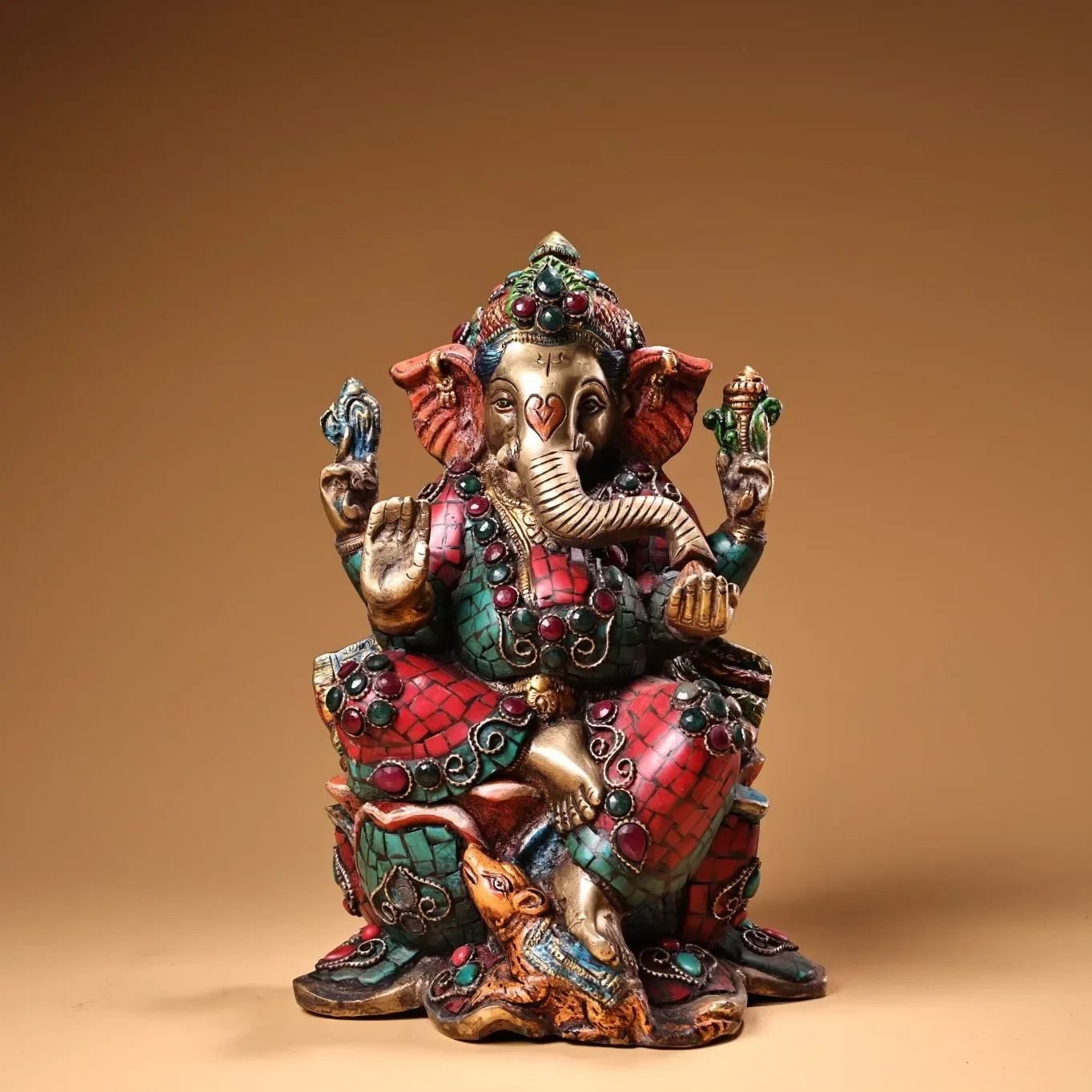 

10"Tibetan Temple Collection Old Bronze Outline in gold Mosaic Gem Turquoise Ganesha Buddha Four Arm Elephant Head God Buddha