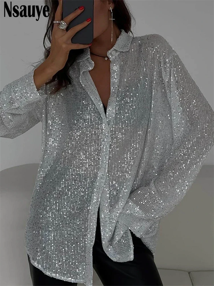 Nsauye Women Loose Long Sleeve Fashion Casual Sequins Glitter Sexy Club T Shirt Tops Blouse Button Spring 2024 Tees Party