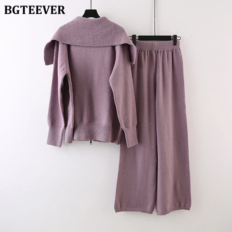 BGTEEVER Casual Warm Female Knitted Pants Set Lapel Sweaters Cardigans & Wide Leg Trousers Ladies Sweater Outfits