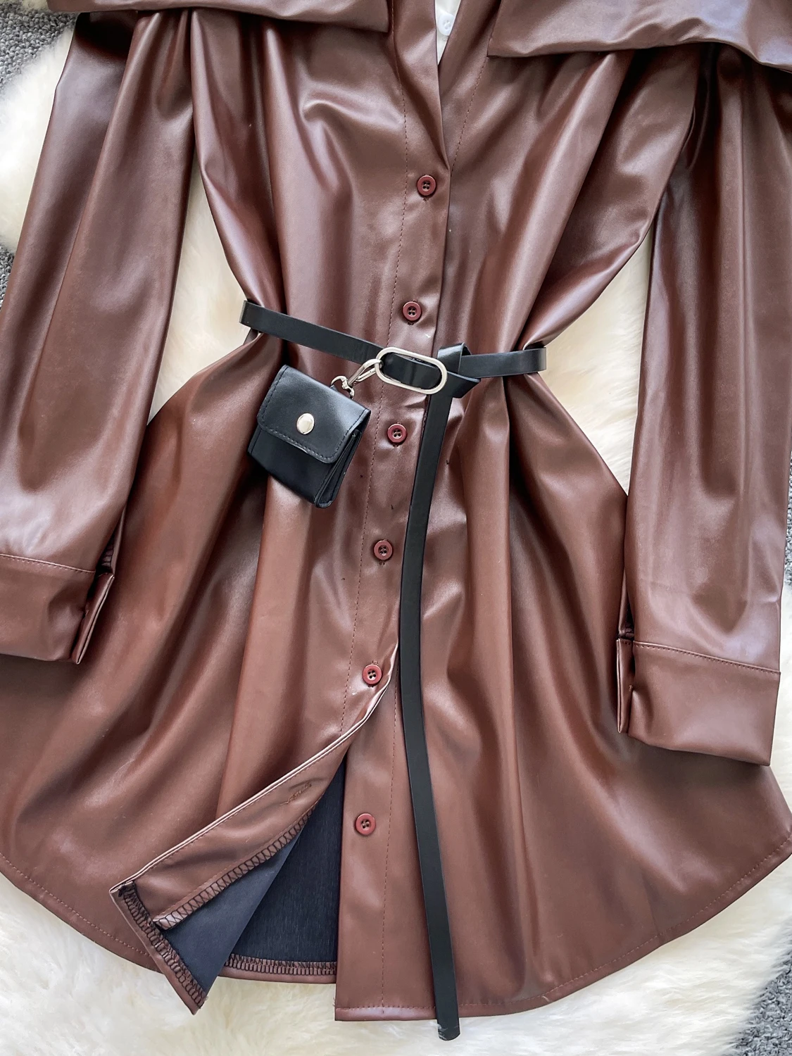 Długa spódnica damska z PU skóry, z wysokim stanem, w kształcie litery A, elegancka, do pracy, w stylu koreańskim, z paskiem, kopertowa.