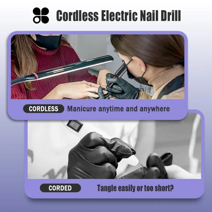 Bezprzewodowa elektryczna wiertarka do paznokci do użytku domowego: Zestaw do manicure i pedicure z akumulatorowym, szybkim szlifierką do paznokci do żelu akrylowego