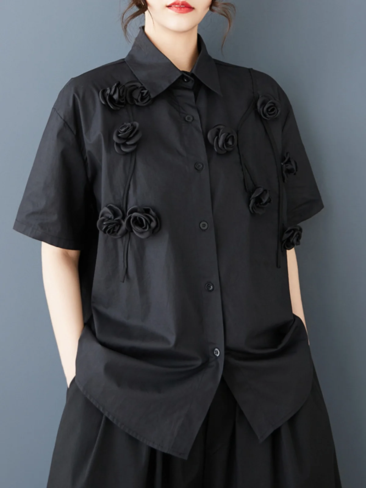 Uliczny, stylowy, unikatowy, piękny, swobodny, damski, luźny, plus size, letni, modny top z kołnierzykiem, regularny...