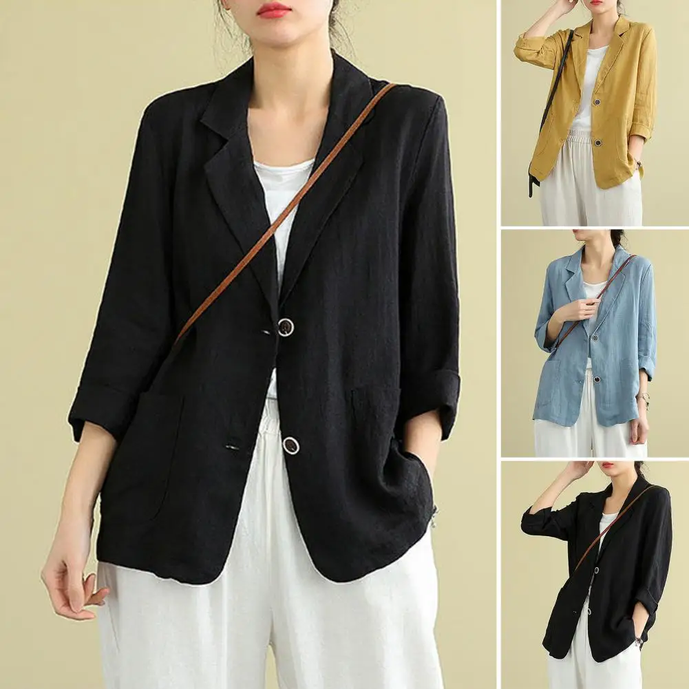 Solid Color Suit Jacket Lapel Long Sleeve Women's Summer Suit Coat Solid Color Button Closure Loose Fit Outwear Women