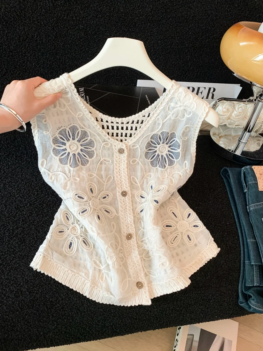 

Ethnic Style Hollow out Knitted Vest Women's Summer New Holiday Wear Sleeveless Fashionable Outerwear V-Neck Nylon Polyester
