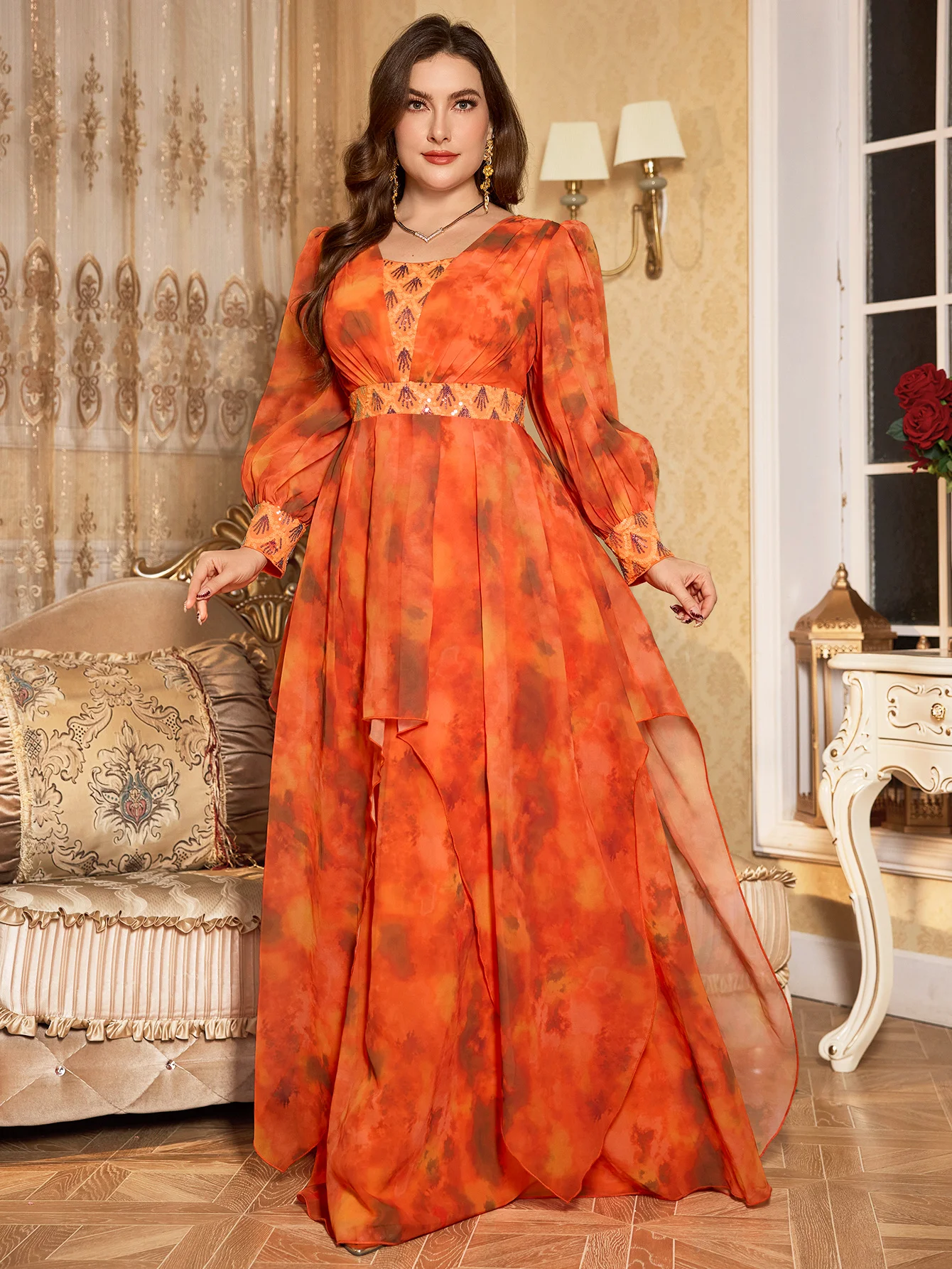 UNITHORSE Abito da sera in chiffon multicolore con stampa casuale, colletto quadrato, manica a lanterna, perline di lusso impreziosite