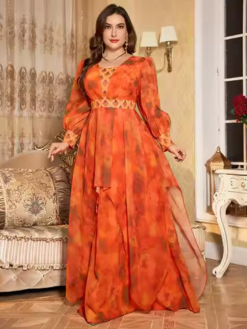 UNITHORSE Random Print Square Collar Lantern Sleeve Luxury Bead Embellished Multi-Color Chiffon Evening Dress Evening Gown Dress