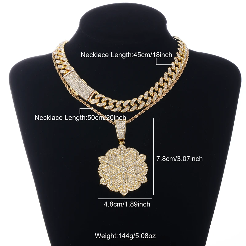 HIP HOP Bling Iced Out Snowflake Pendants Cuban Necklace Chain for Women Men Shiny Necklace Rappers Metal Jewelry Gift