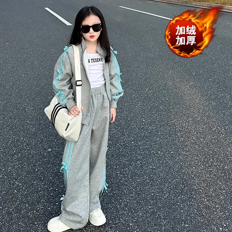 2026 AUTUMN girls Clothes Children bow Suit Teenager tracksuit striped Plus Velvet jacket + wide leg pants 4 8 10 11 12 16 year