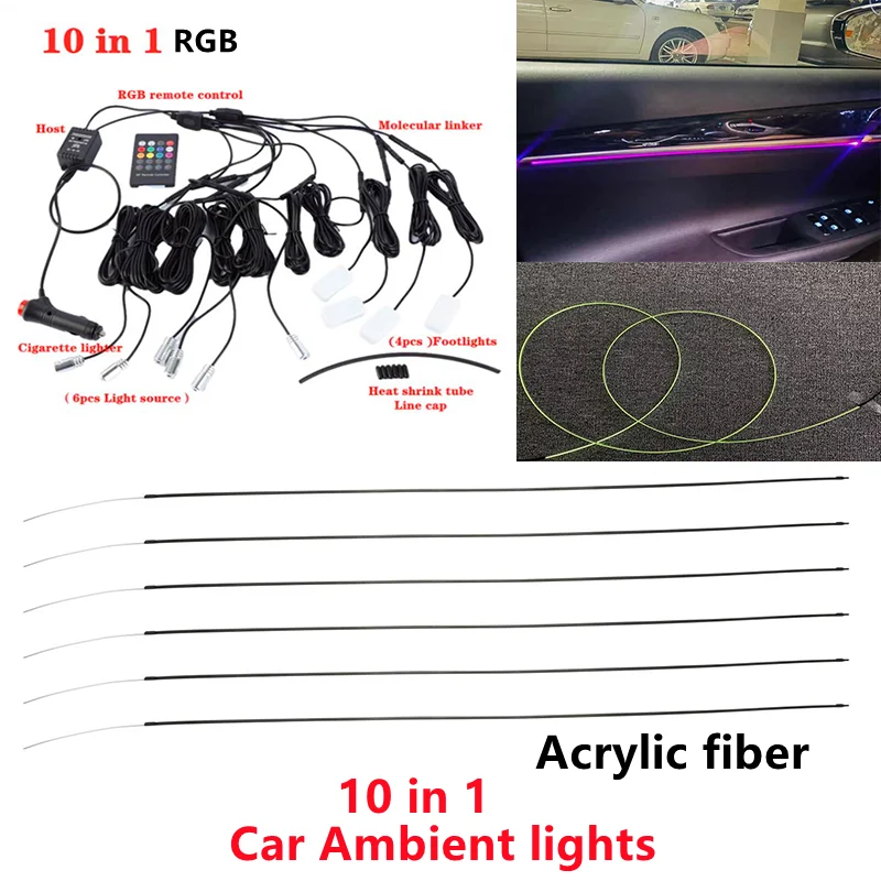 

Universal 10 in 1 RGB Ambient LED Car Interior Decor Acrylic Fiber Optical Strip Light by App Control 12V Decorative Atmosphere