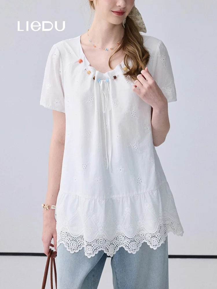 LIEDU Korean Sweet Elegant Commuter Women V Neck Hollow Embroidery Lace Hem Short Sleeve Drawstring Blouse Summer Office Outfit